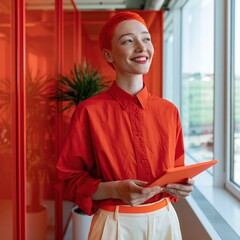 Fototapeta premium Redhead professional smiling with tablet near window in bold red workspace for corporate lifestyle and team branding imagery
