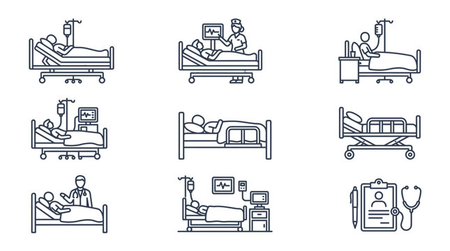 Hospital Bed Icons: Patient Care, Medical Equipment, Healthcare Scene Line Art