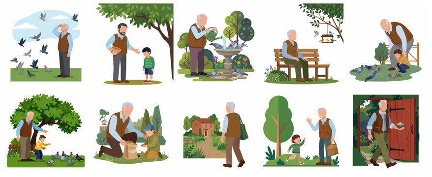 Set of flat vector illustrations of an elderly man feeding birds, gardening, and bonding with his grandson in a park or garden setting.