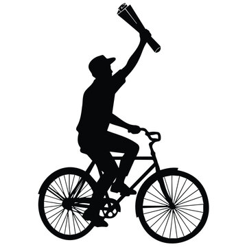 Newspaper delivery boy riding bicycle silhouette vector illustration line art style.