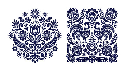 Traditional Polish folk art vector illustration set, intricate navy blue floral embroidery pattern, decorative rooster and flower motifs, perfect for cultural designs and textile prints © noor