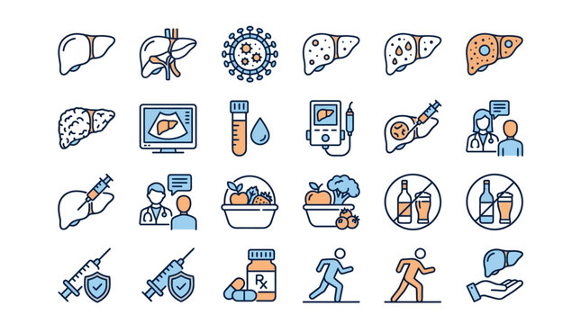 Liver Health Icons: Disease, Treatment, Nutrition, Exercise, Prevention