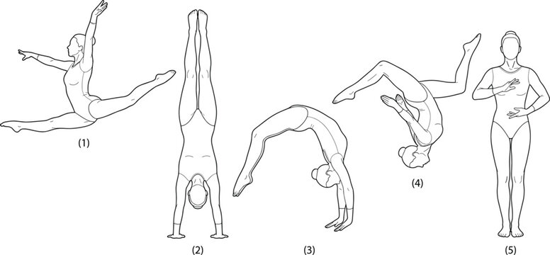 Line drawings of gymnast performing split leap, handstand, backbend, somersault, and finishing pose in artistic sequence