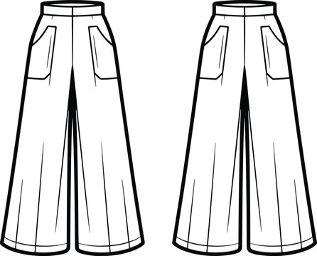 Front views of fashionable womens wide leg culottes featuring practical pockets and a comfortable cut