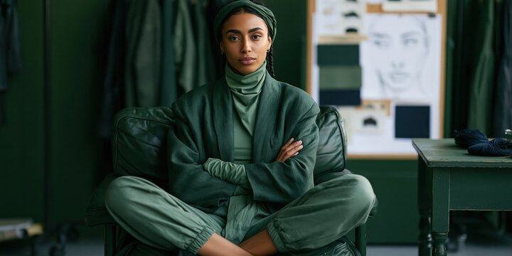 Confident woman in green modest fashion portrait seated cross‑legged on sofa for sustainable brand and studio banner design