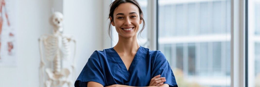 Smiling female healthcare professional in blue scrubs with anatomical skeleton model for clinic staff portrait background for medical website