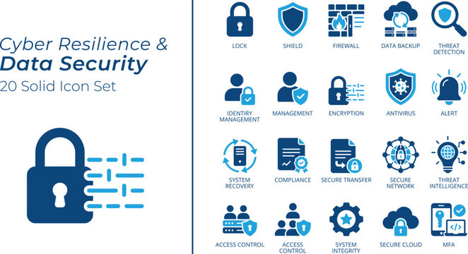 Cyber Resilience and Data Security Icon Set. Cybersecurity Flat Icons, Firewall Encryption, Antivirus, Data Backup, Access Control, MFA Vector Icons for Web and App Design.