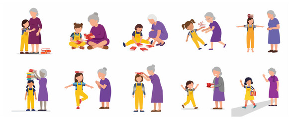 Fototapeta premium Grandmother and Granddaughter Reading and Learning with Books Illustration Set