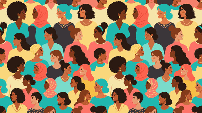 Diverse women faces seamless repeating pattern illustration featuring various ethnicities and styles for inclusive design projects