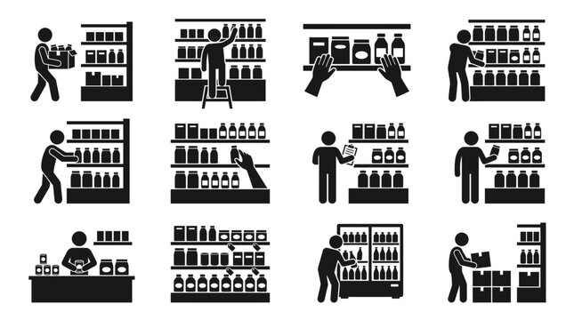 Grocery store workers stocking shelves and managing inventory.