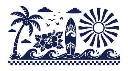 Tropical summer surf vector set, Hawaiian beach vacation elements, ocean waves, palm tree, hibiscus flower, surfboard, sun, and birds, perfect for travel and holiday designs. © noor