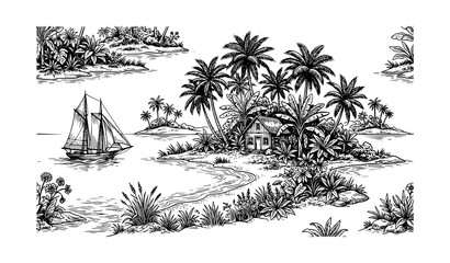 French Toile de Jouy Tropical Coastal Landscape with Cottage and Sailboat Vector © Shaon