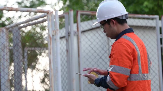 Professional male electrical engineer uses a digital tablet while safely inspecting a high-voltage power transformer outside a modern commercial energy facility managing grid infrastructure.