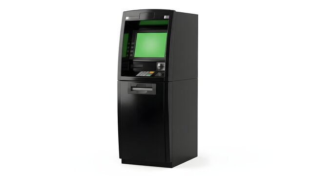 Standalone black bank atm machine isolated on plain white background surface.
