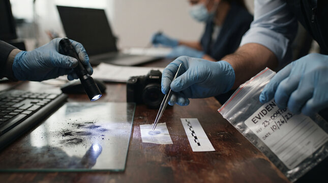 Forensic investigators examine evidence with tweezers and flashlight during a crime scene investigation with shallow depth of field