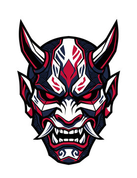 Japanese cyberpunk oni mask vector illustration for streetwear t-shirt design.
