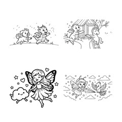 Obraz premium Whimsical fairy illustrations. Fantasy black and white drawings.