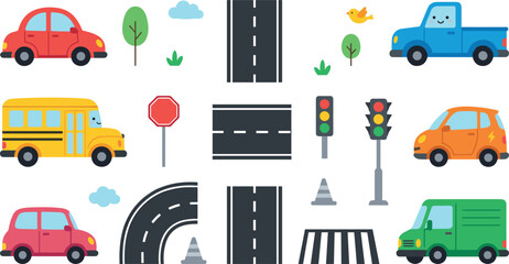 Cute transportation and road elements collection featuring cars, truck, school bus, traffic lights, roads, crosswalk, and street signs vector illustration © Shekhor studioBD