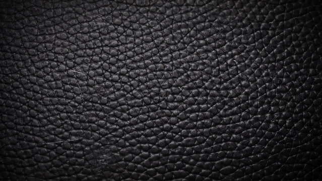 Close up view of luxury black leather texture with natural pattern and soft dark lighting
