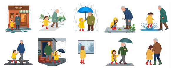 Fototapeta premium Grandfather and Granddaughter Rainy Day Activities Flat Vector Illustration Set