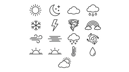 Obraz premium Weather and climate outline icon collection featuring forecast symbols and meteorological elements in minimalist black line art vector set