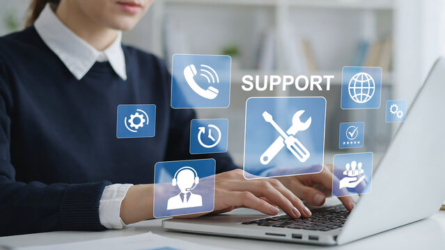 Technical support concept person using laptop with digital customer service