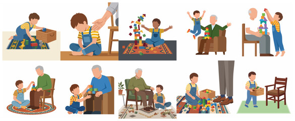 Grandfather and grandson playing with building blocks, collection of intergenerational bonding activities illustrations.