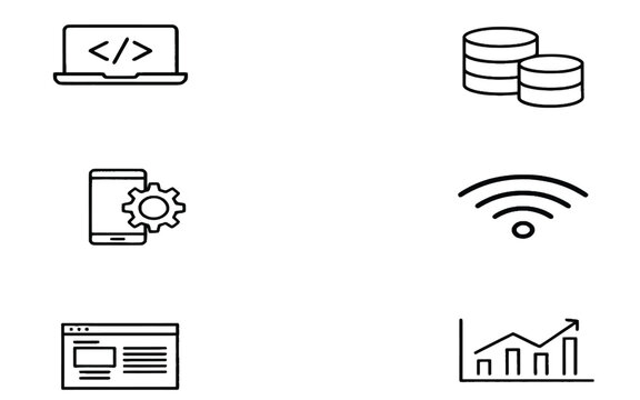 Technology and development line icon set featuring laptop programming database servers mobile settings wireless wifi and growth chart vectors