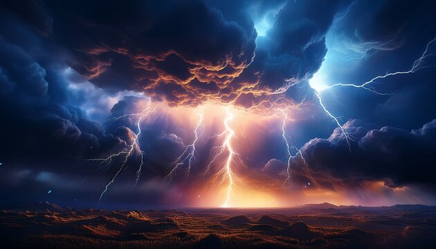 a dramatic lightning bolt splits the pitch black sky illuminating intricate cloud formations during a fierce storm in the night