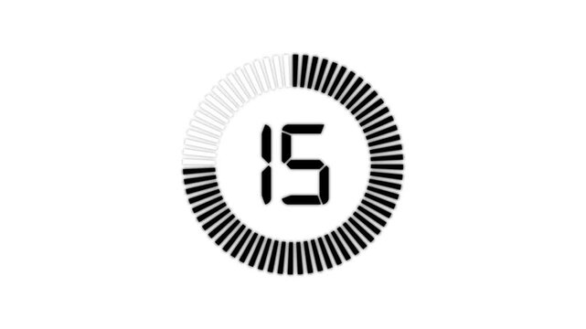 Countdown timer animation from 20 to 0 seconds with stopwatch frame. Round circle 20 seconds countdown on transparent background.