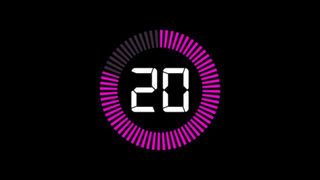 Countdown timer animation from 25 to 0 seconds with stopwatch frame. Round circle 25 seconds countdown on transparent background.