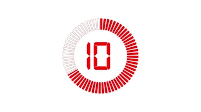Countdown timer animation from 15 to 0 seconds with stopwatch frame. Round circle 15 seconds countdown on transparent background.