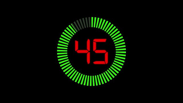 Countdown timer animation from 50 to 0 seconds with stopwatch frame. Round circle 50 seconds countdown on transparent background.
