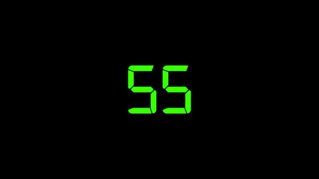 One minute countdown timer animation on transparent background, 60 to 0 seconds countdown timer.