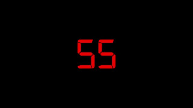 One minute countdown timer animation on transparent background, 60 to 0 seconds countdown timer.