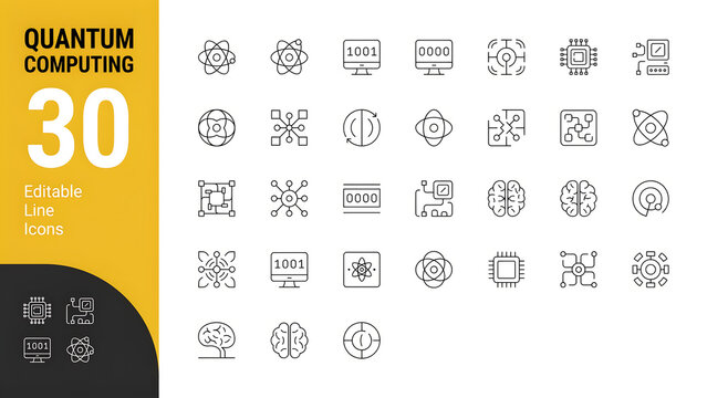 Quantum computing advanced technology icons collection for modern digital