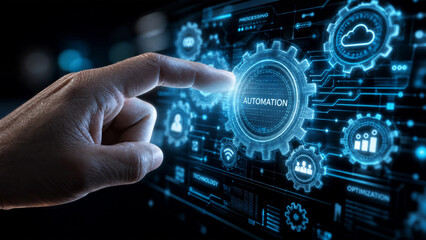 Fototapeta premium Human hand interacting with digital automation interface representing future business technology innovation and smart industrial solutions
