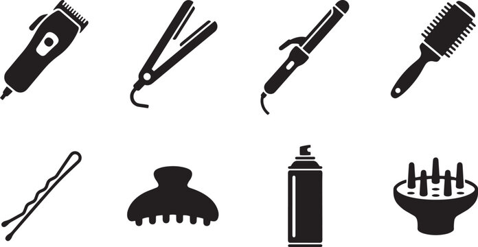 Professional hair salon equipment icons, set of 8 black vector barber tools, hairdressing accessories and styling appliances for beauty parlor branding isolated on Transparent Background