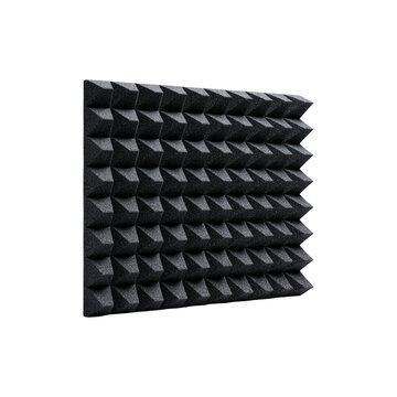 Black acoustic foam wall panel with wedge pyramid soundproof texture for studio insulation isolated on white background