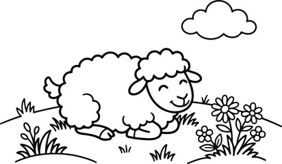 Obraz premium Cute lamb coloring page springtime meadow with flowers for kids adults