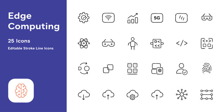 Set of twenty-five edge computing and advanced technology line icons for modern software architecture