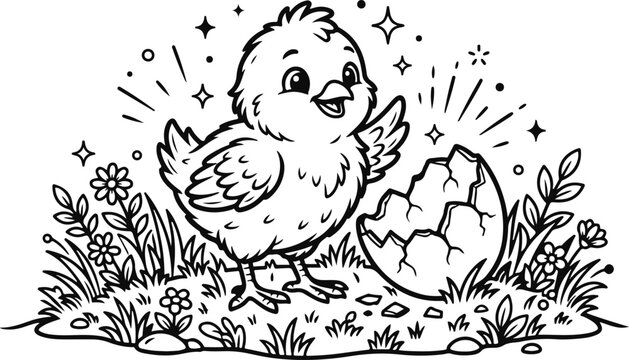 Cute chick hatching from egg coloring page for kids and toddlers