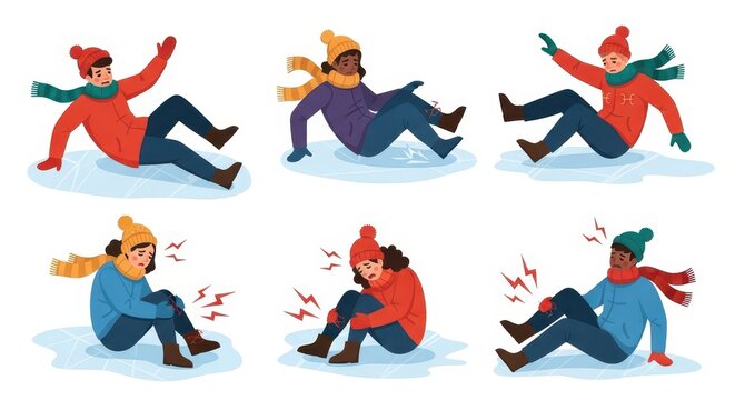Set of people slipping and falling on ice, winter season accidents, injury, pain, and trauma, cartoon vector illustration