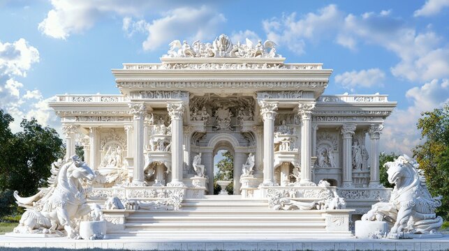 Grand white marble architectural structure with statues and columns, set against a blue sky.