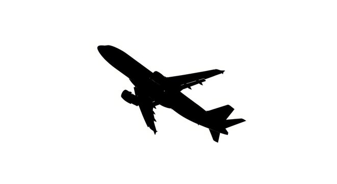 Silhouette of a passenger airplane taking off against white background