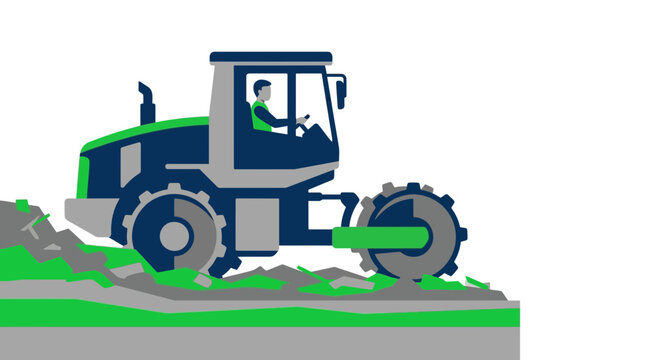 A tractor performs mining operations in a rugged outdoor environment with a driver.