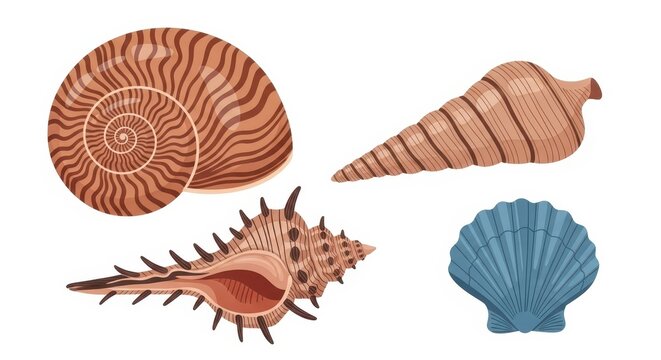 Set of various sea shells, collection of different marine mollusks, spiral, conch, and scallop shells, flat vector illustration