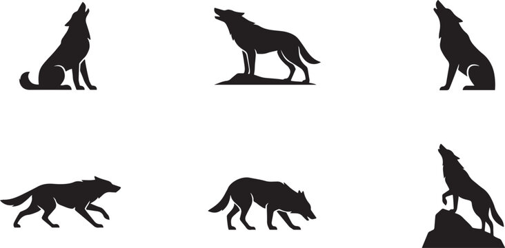 Set of vector black whistling wolf silhouette icon. Isolated black animal shape design element. square type Bundle