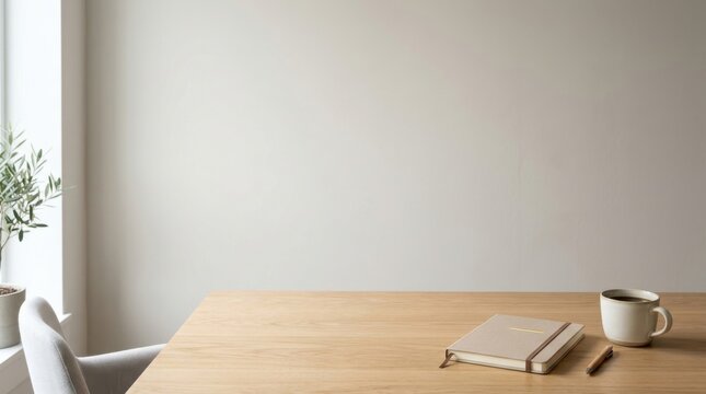Minimalist home office workspace featuring a wooden desk with a notebook and a cup of coffee next to a green plant