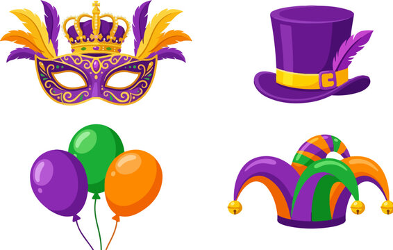 Festive mardi gras vector illustration set featuring a decorative masquerade mask a purple top hat colorful balloons and a traditional jester hat with bells created in a vibrant flat style